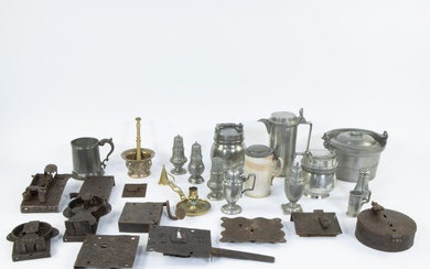 Large lot of tin, iron locks, mortar with pestle