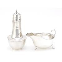 Large silver baluster shaped caster and a silver sauce