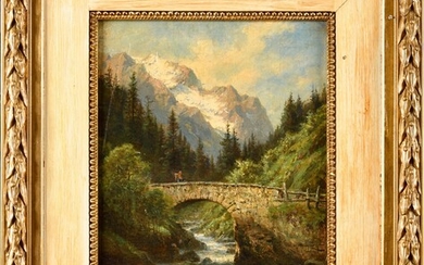 Leberecht LORTET (1828-1901) Le pont dans les montagnes Huile sur toile marouflé sur carton Signé...
