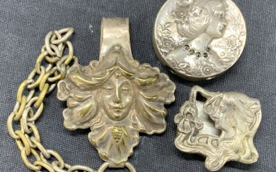 Lot 3 Sterling Silver & Plated Art Nouveau Jewelry