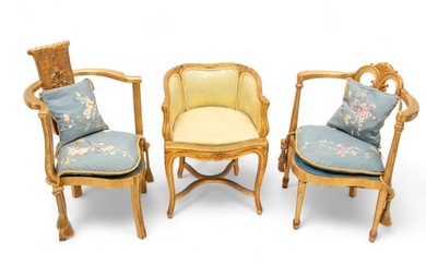 Louis XV Style Chinoiserie Gilt Wood Corner Chairs, Ca. 20th C., H 33.5" W 22.5" Depth 21" 3 pcs