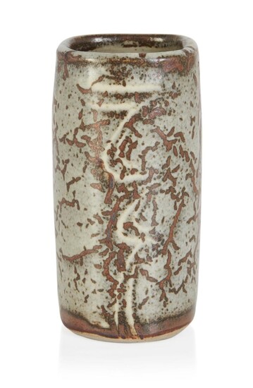 Lowerdown Pottery, Squared cylindrical vase with cream glaze and brush decoration over copper brown glaze, late 20th century, Glazed earthenware, Impressed seal, 11.5cm high.