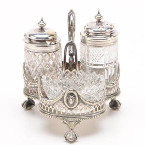 Martin, Hall & Co. Silver Plate and Glass Cruet Set, Mid to Late 18th Century