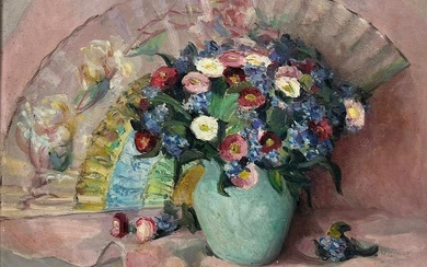 Mid 20th Century French Signed Oil Beautiful Flowers in Teal Vase Pink Back