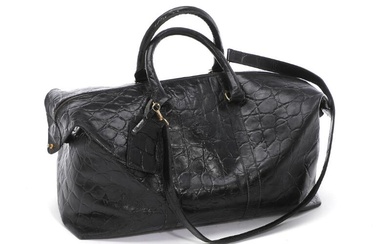 Mulberry A travel bag of black croco embossed leather with gold tone...