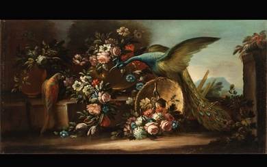 Nature morte italienne aux fleurs et au paon, XVIIIe siècle École italienne La toile mesure...