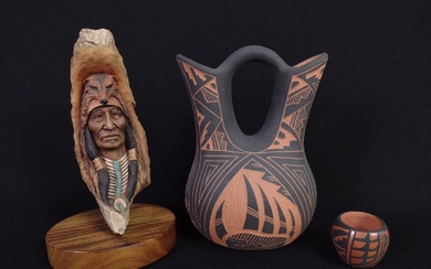 Neil J. Rose Figurine and 2 Pcs Pottery incl Acoma