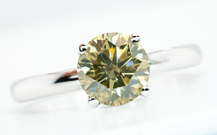 **No Reserve** - 18 kt. White gold - Ring - 1.56 ct Diamond - Natural Fancy Grayish Greenish Brownish Yellow SI2