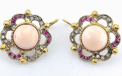 No Reserve Price - Earrings - 9 kt. Silver, Yellow gold Coral - Mixed gemstones