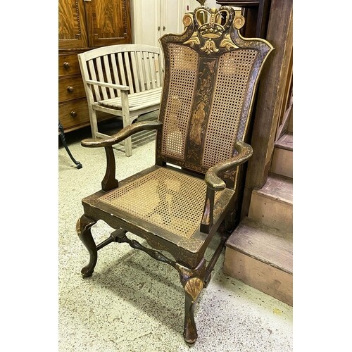 OPEN ARMCHAIR, Queen Anne style, giltwood and lacquered show...
