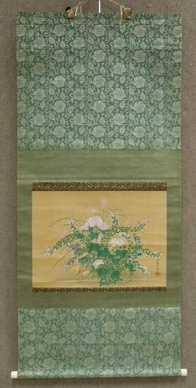 Oriental Scroll, Painting on Silk, Flowers.