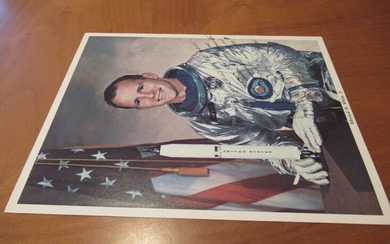 Original Nasa Color Photograph Of Apollo 1 Astronaut, Inscribed By Edward H White, In Space Suit With Model Of The Rocket, In Front Of A Large American Flag.
