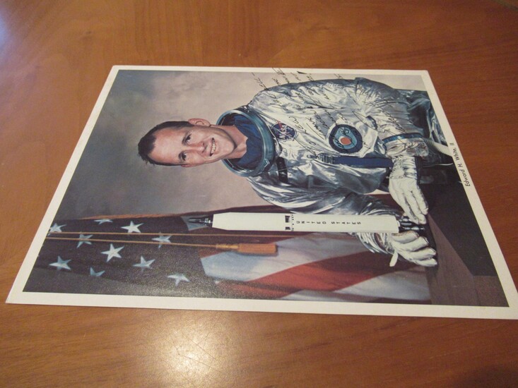 Original Nasa Color Photograph Of Apollo 1 Astronaut, Inscribed By Edward H White, In Space Suit With Model Of The Rocket, In Front Of A Large American Flag.