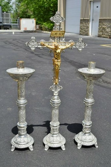 Ornate Silver Plated Altar Cross with Pair of Matching