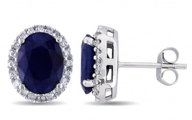 Oval Blue Sapphire and Halo Diamond Stud Earrings 14k W. Gold 5.70ctw