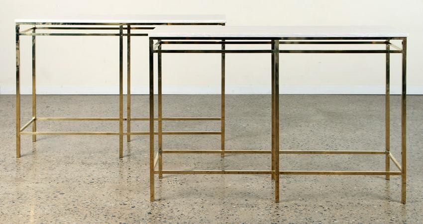 PAIR ITALIAN RECTILINEAR BRASS CONSOLE TABLES
