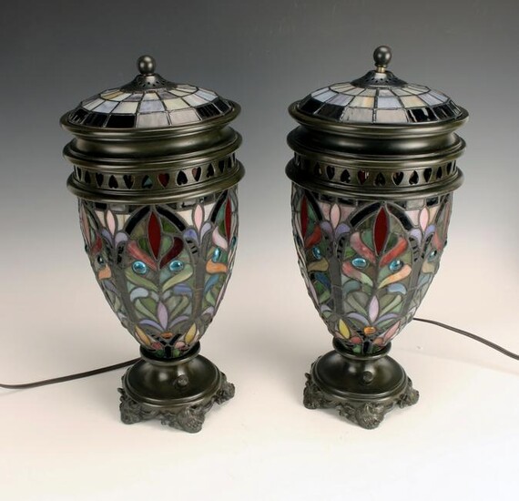 PAIR STAINED GLASS URN FORM LAMPS