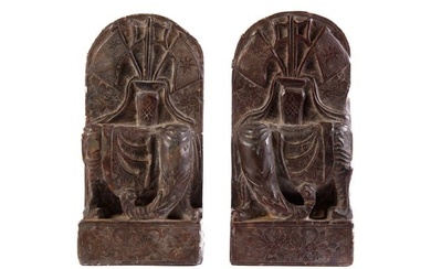 PAIR of (19th c) CARVED CHINESE SOAPSTONE BOOKENDS