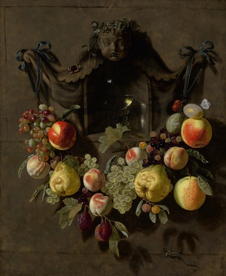 PIETER VAN DEN BOSCH THE YOUNGER | A TROMPE L'OEIL STILL LIFE WITH A SWAG OF GRAPES, PEARS, PEACHES, APPLES, PLUMS, AND BUTTERFLIES DECORATING A NICHE WITH A GLASS ROEMER
