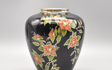 PMR BAVARIA. JAEGAR&CO. PORCELAIN VASE WITH SILVER COATING, BLACK WITH RED FLOWERS, MID 20TH CENTURY JH.