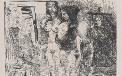 Pablo Picasso - Celestine presentant ses deux pensionnaires a deux clients, 1971
