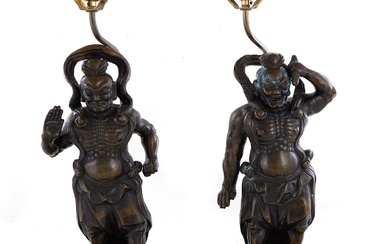 Pair Chinese Bronze Warriors, Mounted as Lamps (2pcs)