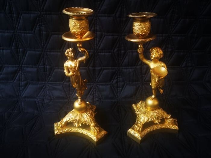 Pair Ormolu Empire Figural Candlesticks, Circa 1820 - Bronze (cold painted) - Early 19th century