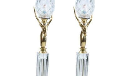 Pair Quality Crystal Glass and Brass "Gazelle" Figures Tall Table Banquet Lamps 24.75 in. height