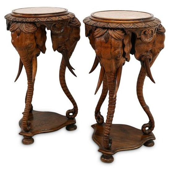 Pair of Carved Wood & Marble Elephant Pedestals