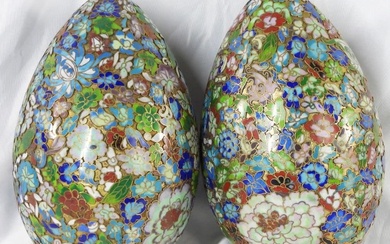 Pair of Large Cloisonne Egg Bronze Enamel Deep Carved Chinese...