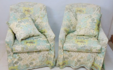 Pair of Mitchell Gold & Bob Williams upholstered arm chairs, with custom made slipcovers with animal