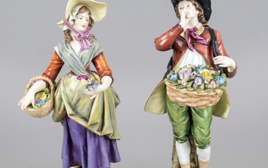 Pair of flower sellers, Ludwigsburg, 20th century, gardener with big flower basket and girl with