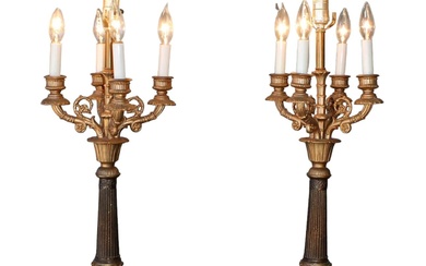 Pair painted metal fluted column lamps on paw feet