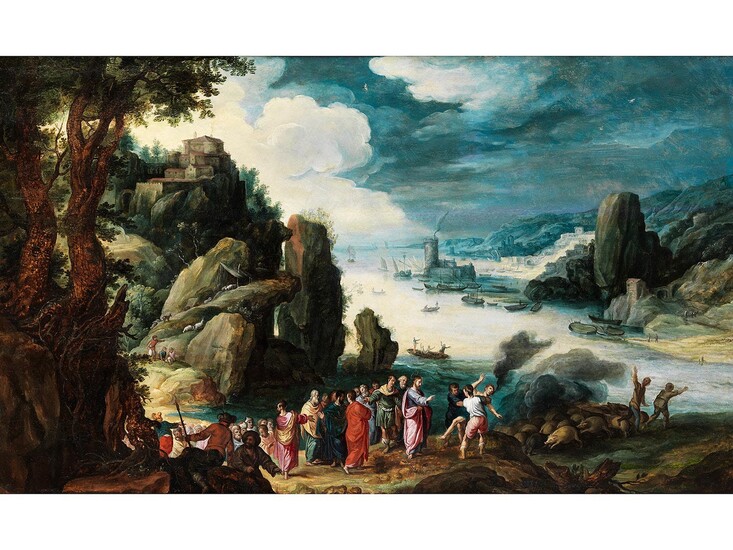 Paul Bril, um 1554 Antwerpen – 1626 Rom, zug., FELS- UND FLUSSLANDSCHAFT MIT BIBLISCHER SZENE „JESUS HEILT EINEN BESESSENEN“
