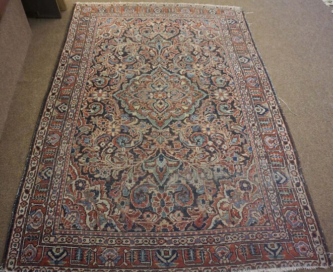 Persian Hand Knotted Rug, Decorated with allover Floral panels on a red, white and blue ground