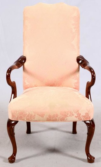 QUEEN ANNE STYLE MAHOGANY OPEN ARM CHAIR, 20TH C.
