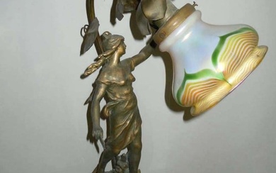 QUEZAL PULLED FEATHER SHADE FEMALE FIGURAL DESK LAMP, Circa 1915 depicting a beautiful fairy holding