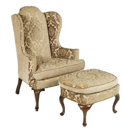 Queen Anne-Style Wing Chair and Ottoman