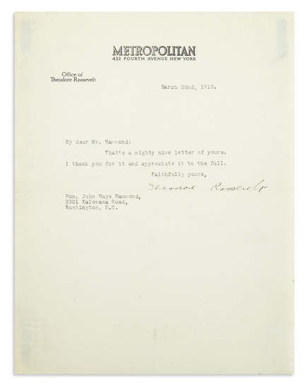 ROOSEVELT, THEODORE. Brief Typed Letter Signed, to John Hays Hammond: "That's a mighty...