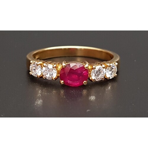 RUBY AND DIAMOND FIVE STONE RING the central oval cut treate...