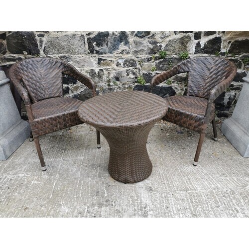 Rattan garden table {56 cm H x 60 cm Dia.} and two matching ...