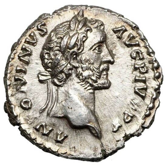 Roman Empire. Antoninus Pius (AD 138-161). AR Denarius,Rom, Kaiser mit Patera und Schriftrolle - Top!