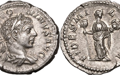 Roman Empire Elagabalus AD 218-222 AR Denarius About Extremely Fine; struck from worn dies, underlying lustre with golden highlights