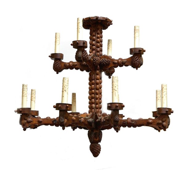 Rustic Continental pine chandelier and pair mirrored sconces, French (3pcs)