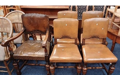SET OF 4 EARLY 20TH CENTURY OAK FRAMED DINING CHAIRS WITH LE...