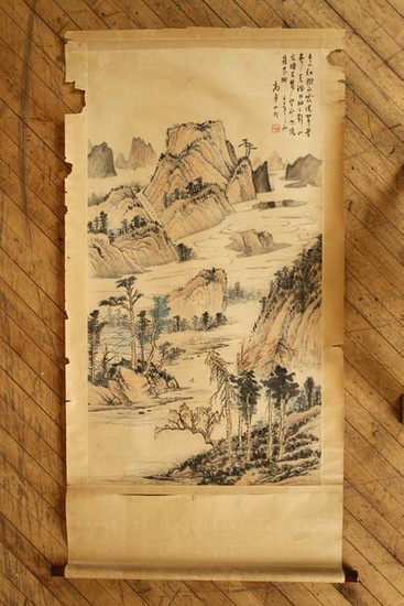 SIGNED ANTIQUE CHINESE WATERCOLOR ON PAPER SCROLL