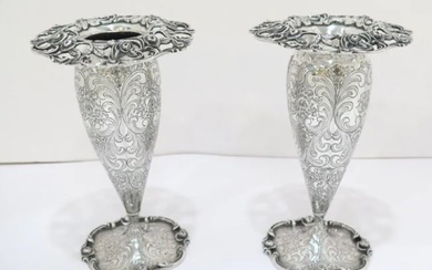 STERLING SILVER ROGER WILLIAMS PAIR ANTIQUE FLORAL SCROLL VASE