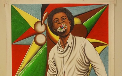 Samba Chéri (1956) : Technique mixte, acrylique, paillettes sur toile, " l'homme qui mange de...