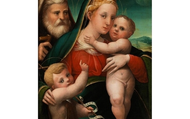 Scipione Ramenghi, 1490 Bagnacavallo – um 1565 Bologna, DIE HEILIGE FAMILIE MIT DEM JOHANNESKNABEN