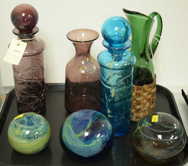 Selection of coloured glassware including Mdina.